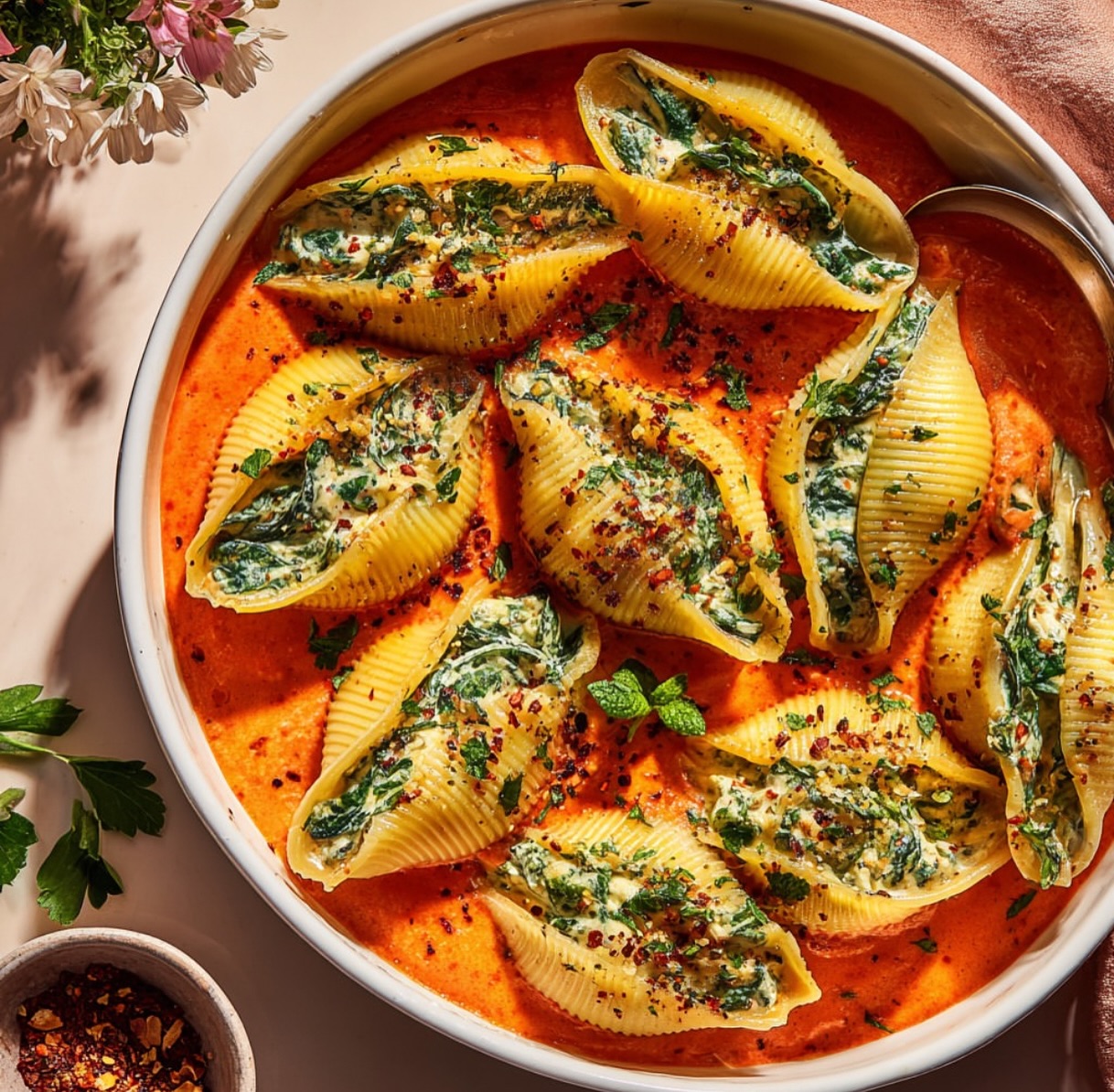 Vegan Ricotta Stuffed Shells with Pumpkin Sauce