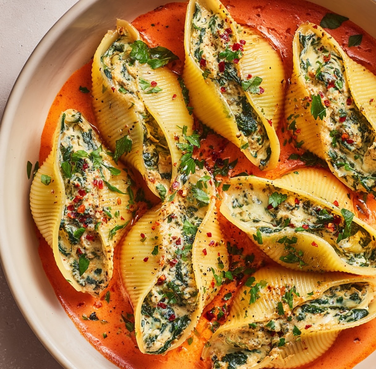 Vegan Ricotta Stuffed Shells with Pumpkin Sauce