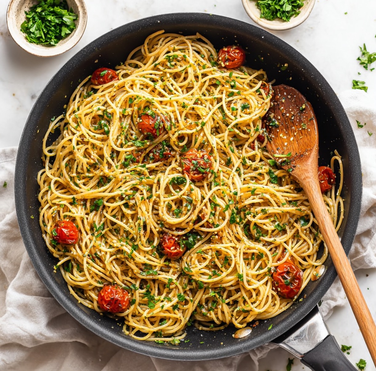 Spaghetti with Basil Pesto and Roasted Cherry Tomatoes
