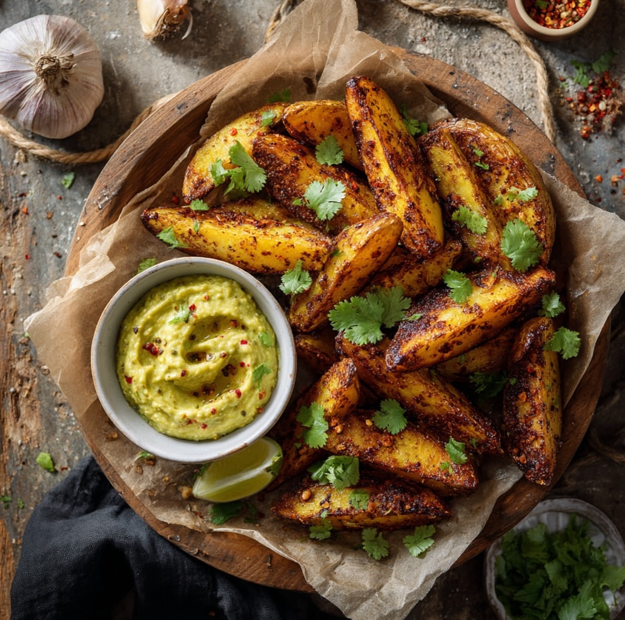 Baked Potato Wedges with Avocado Dip