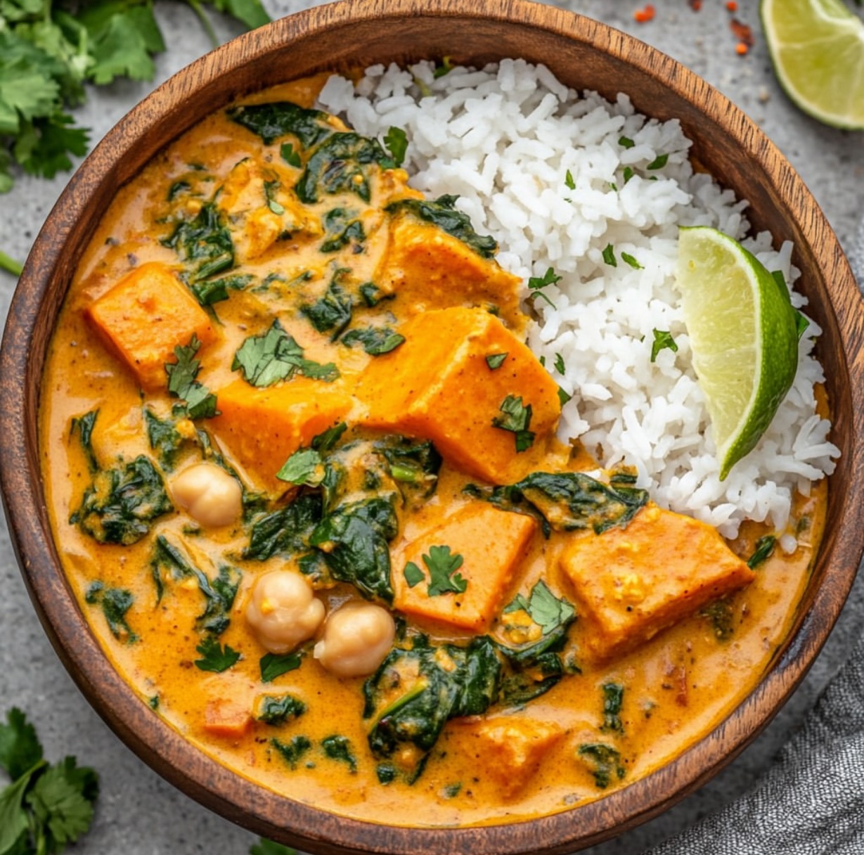 Sweet Potato Chickpea Spinach Coconut Curry