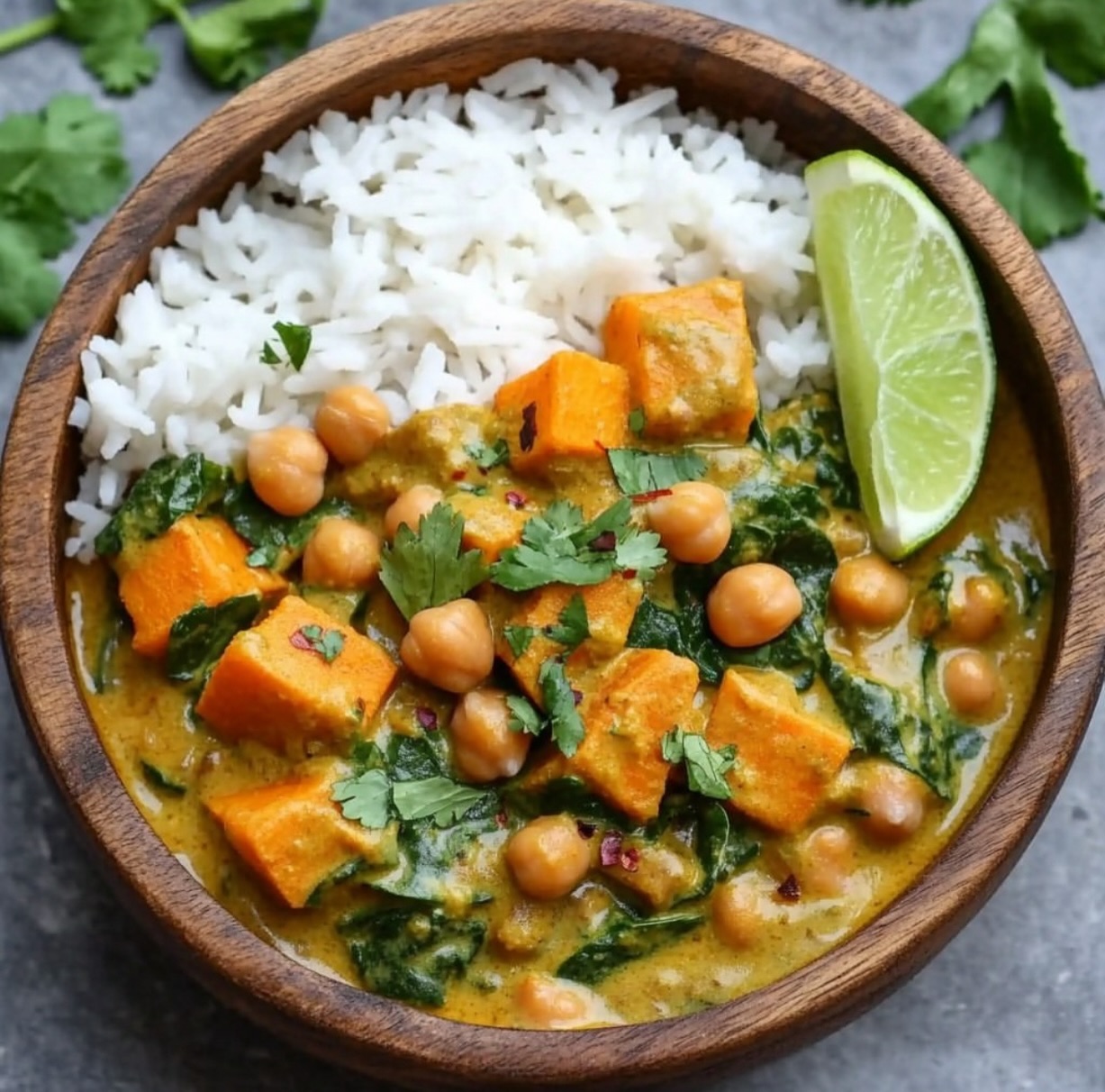 Sweet Potato Chickpea Spinach Coconut Curry