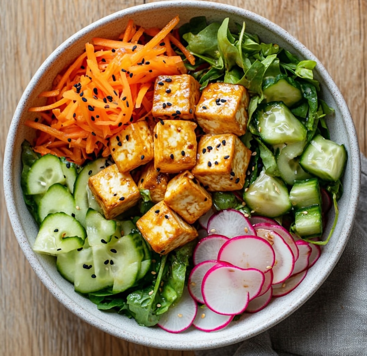 Crunchy Veg and Smoked Tofu Salad with Sesame Dressing