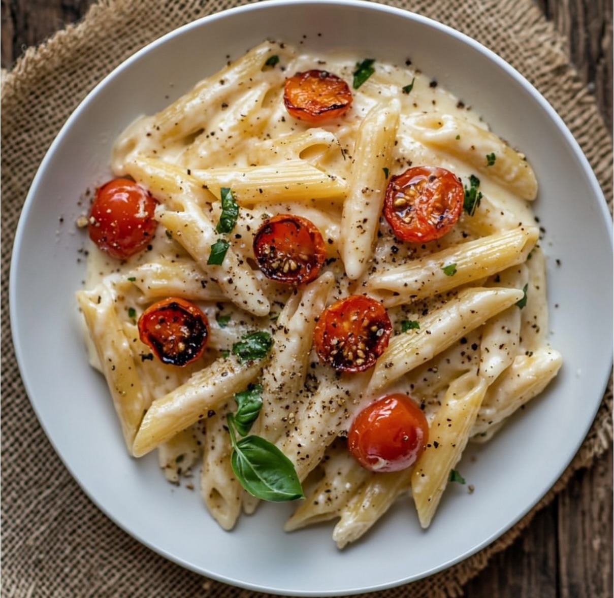 Creamy Vegan Garlic Pasta with Roasted Tomatoes