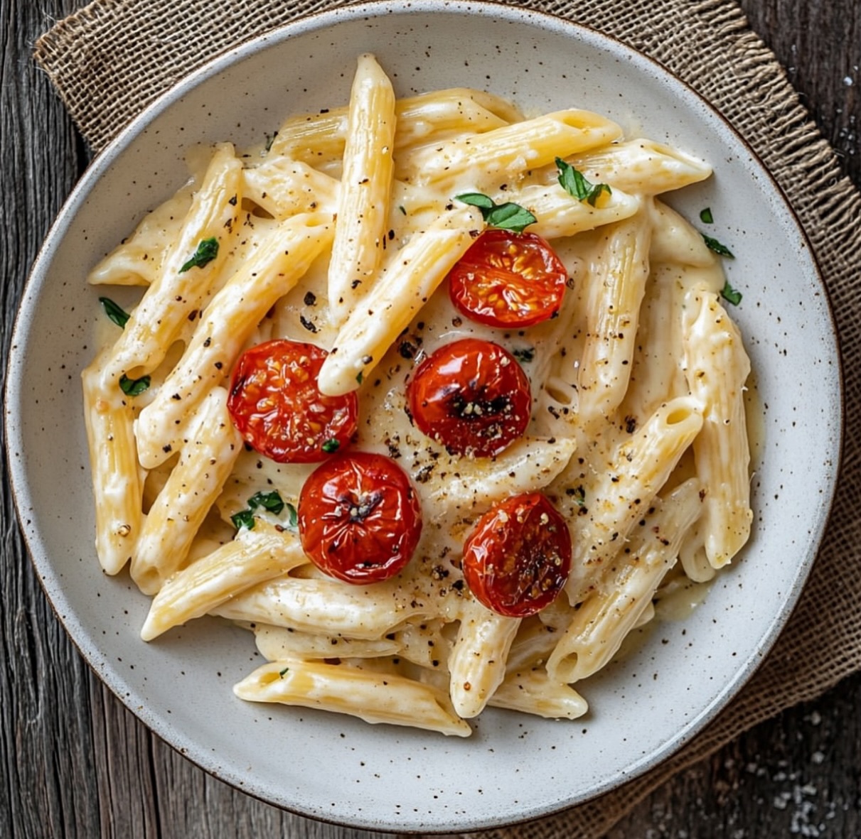 Creamy Vegan Garlic Pasta with Roasted Tomatoes