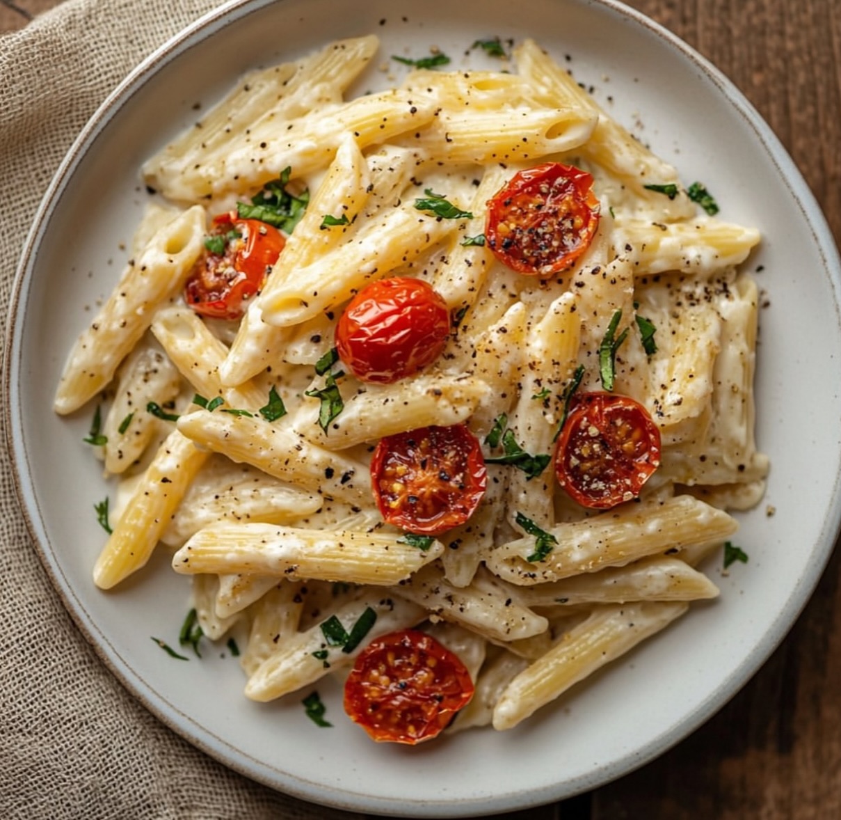 Creamy Vegan Garlic Pasta with Roasted Tomatoes