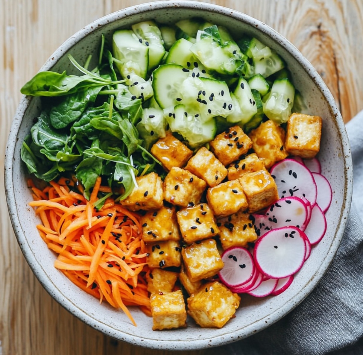 Crunchy Vegetable and Smoked Tofu Salad with Sesame Dressing