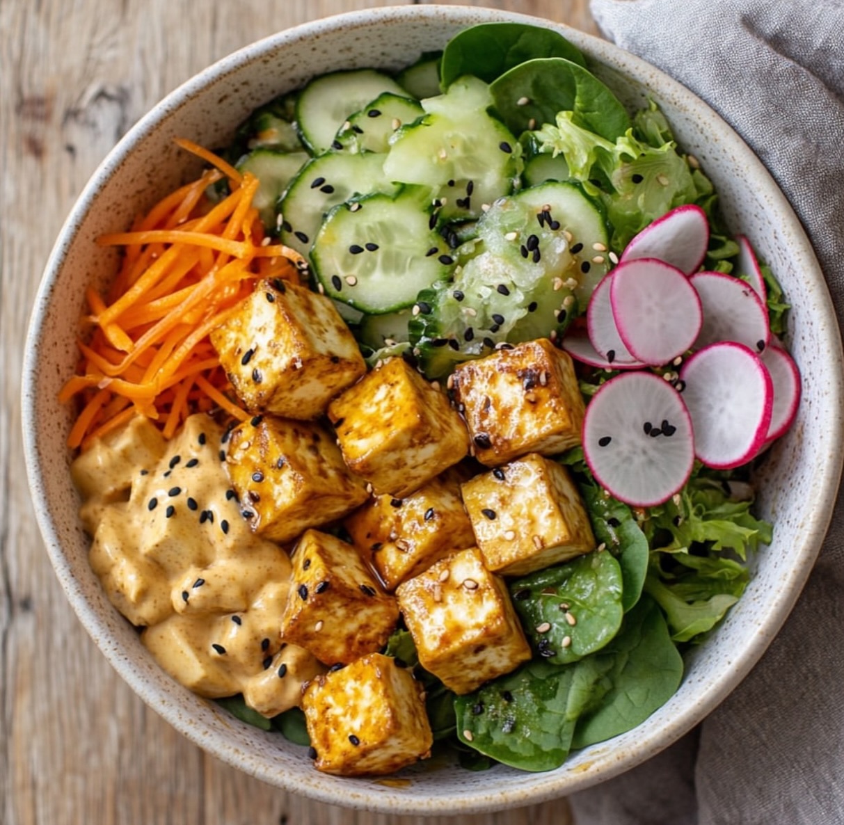 Crunchy Vegetable and Smoked Tofu Salad with Sesame Dressing