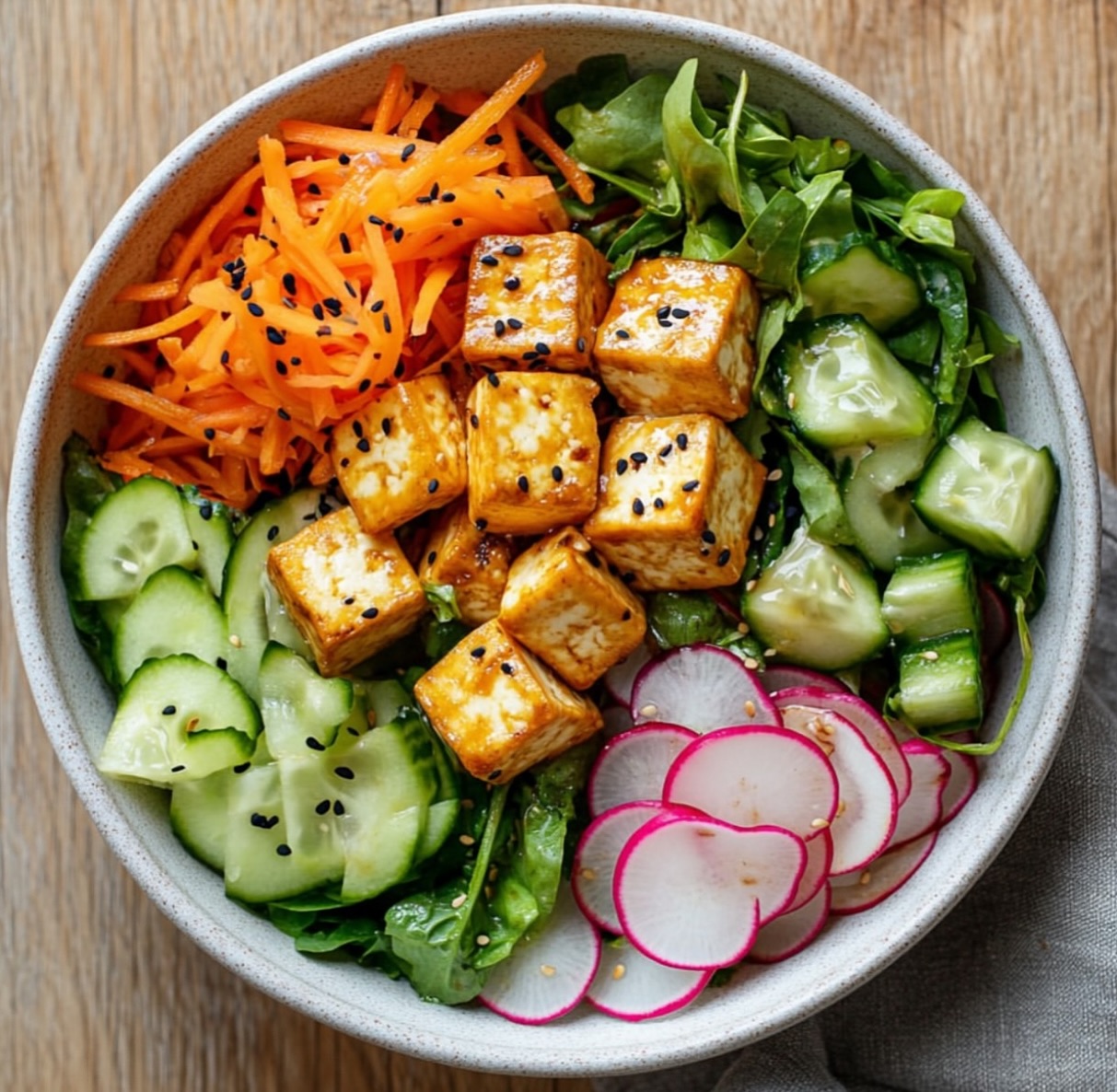 Crunchy Vegetable and Smoked Tofu Salad with Sesame Dressing