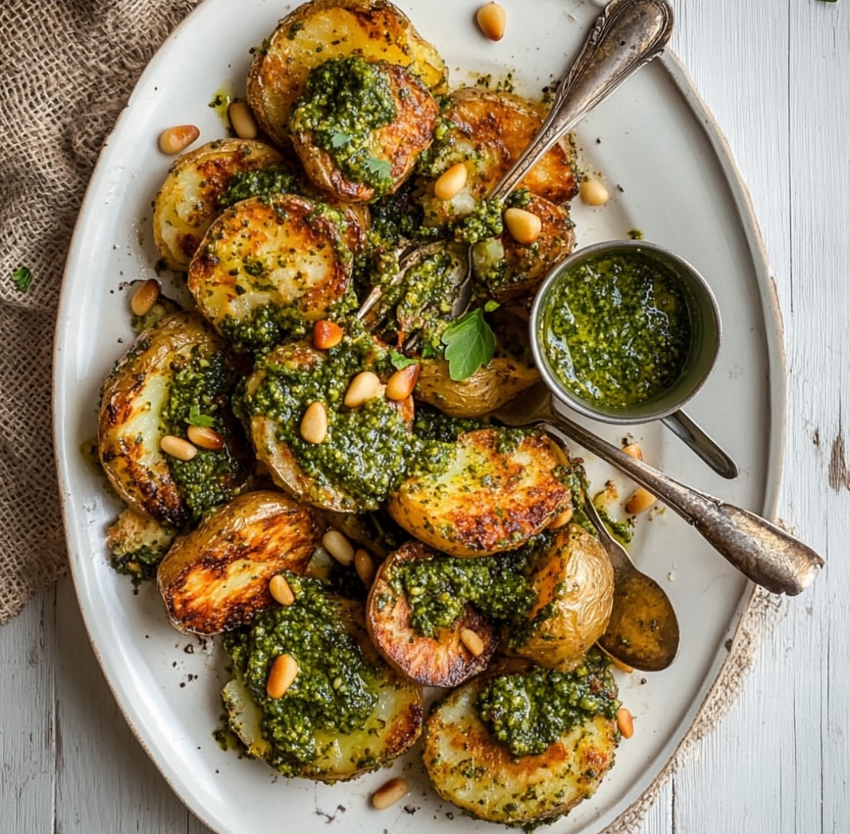 Crispy Smashed Potatoes with Garlic Pesto