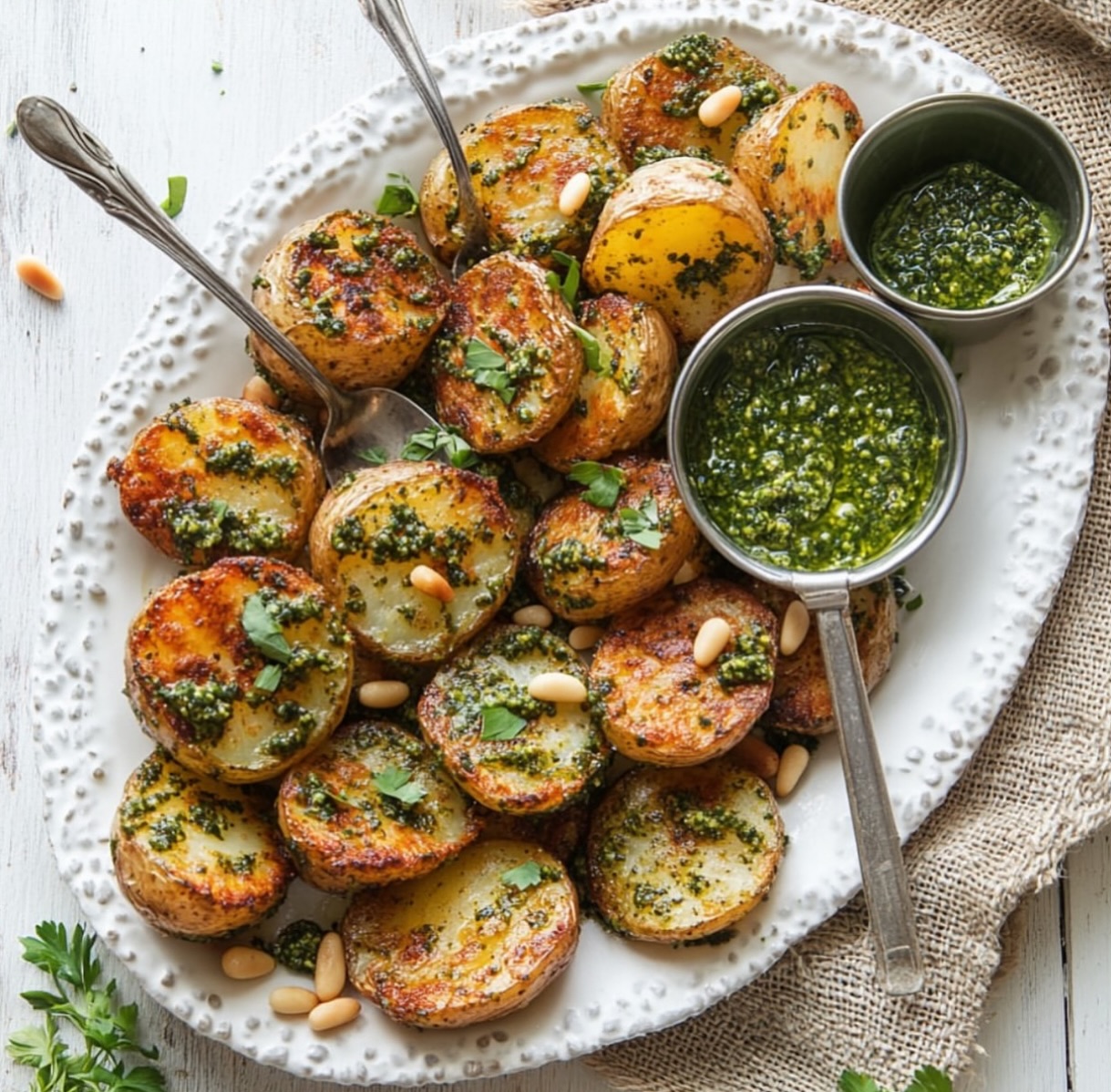 Crispy Smashed Potatoes with Garlic Pesto