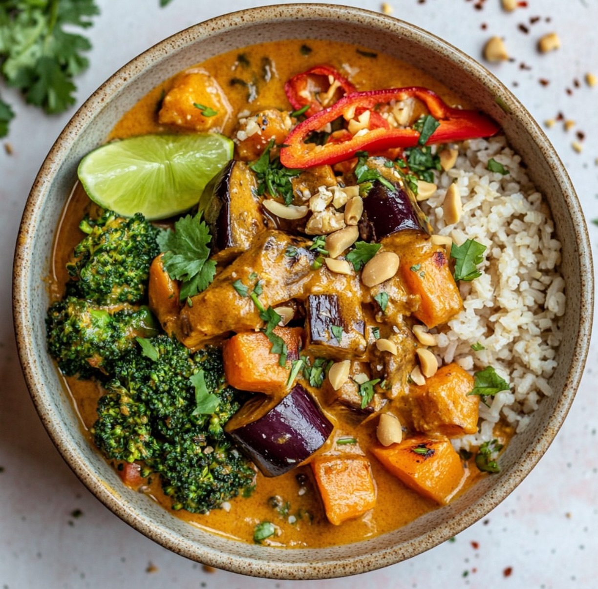 Roasted Aubergine and Broccoli Lentil Curry