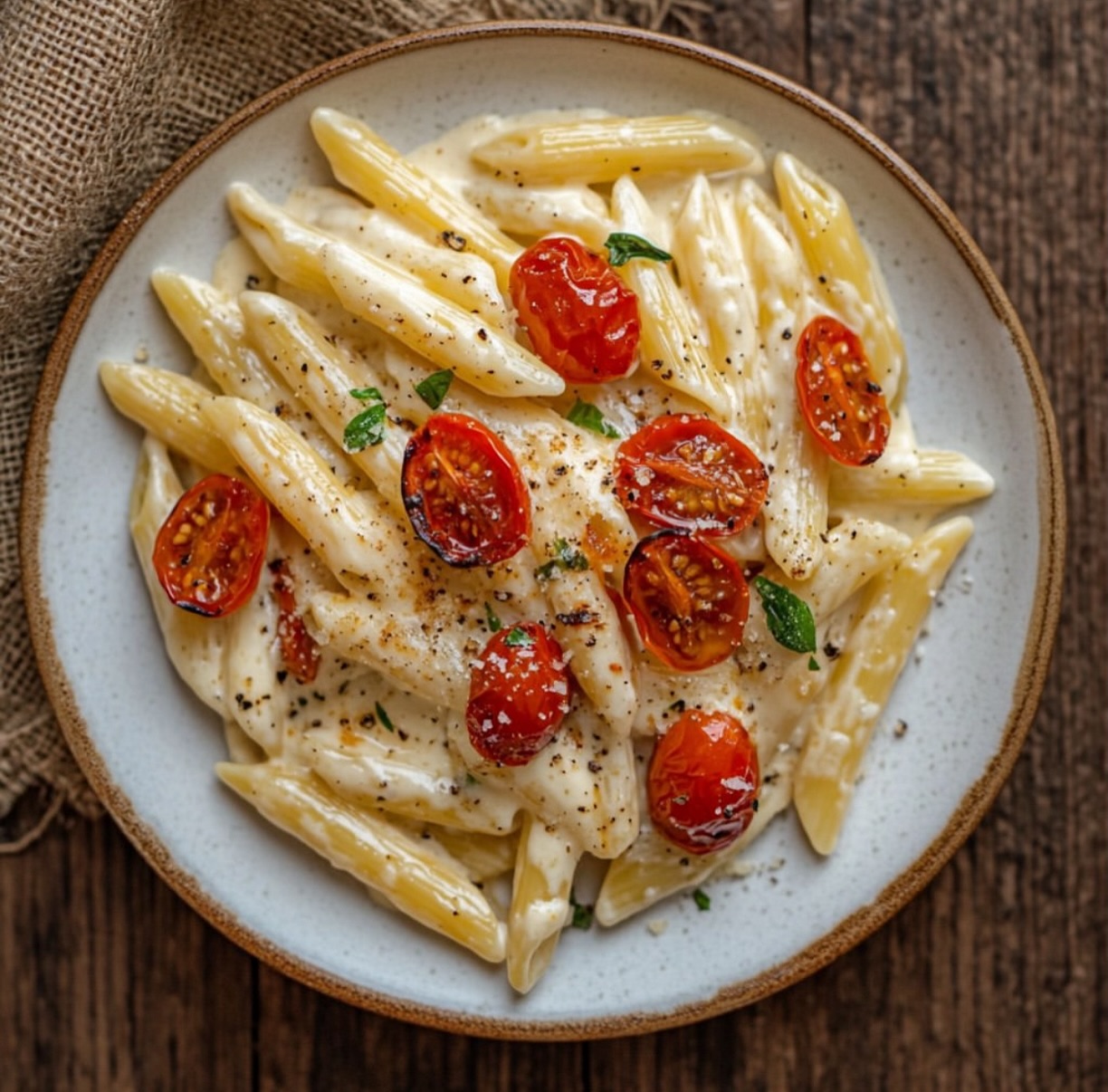 Creamy Vegan Garlic Pasta with Roasted Tomatoes