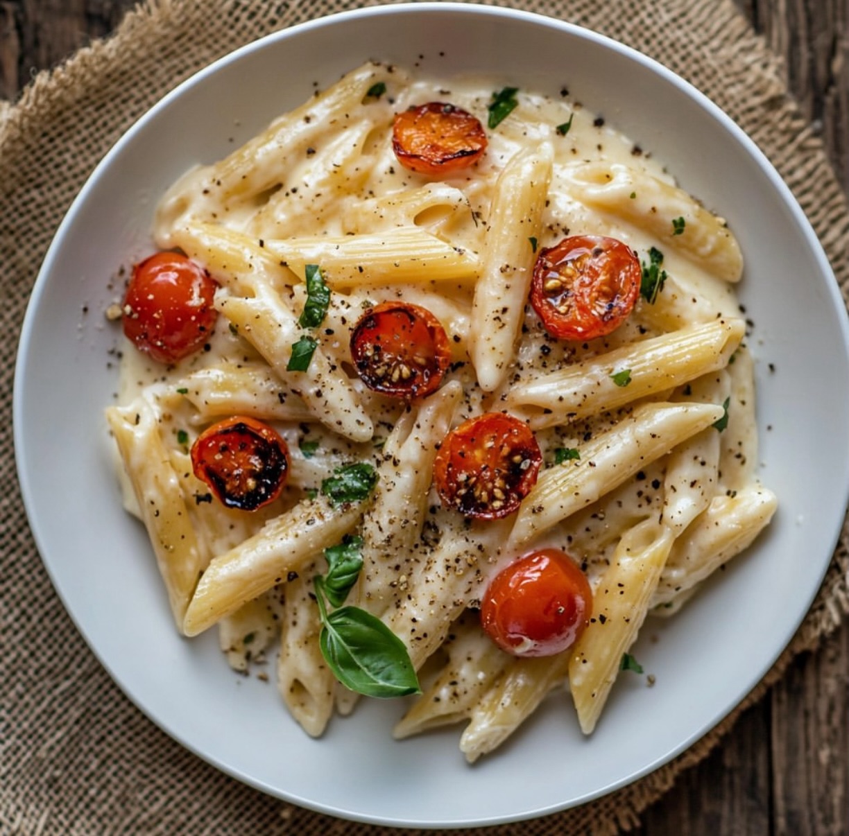 Creamy Vegan Garlic Pasta with Roasted Tomatoes