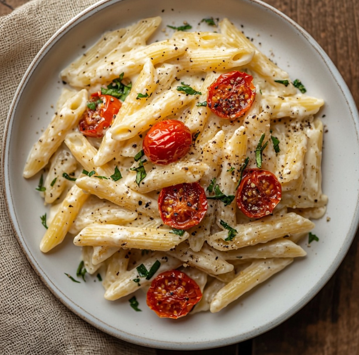 Creamy Vegan Garlic Pasta with Roasted Tomatoes