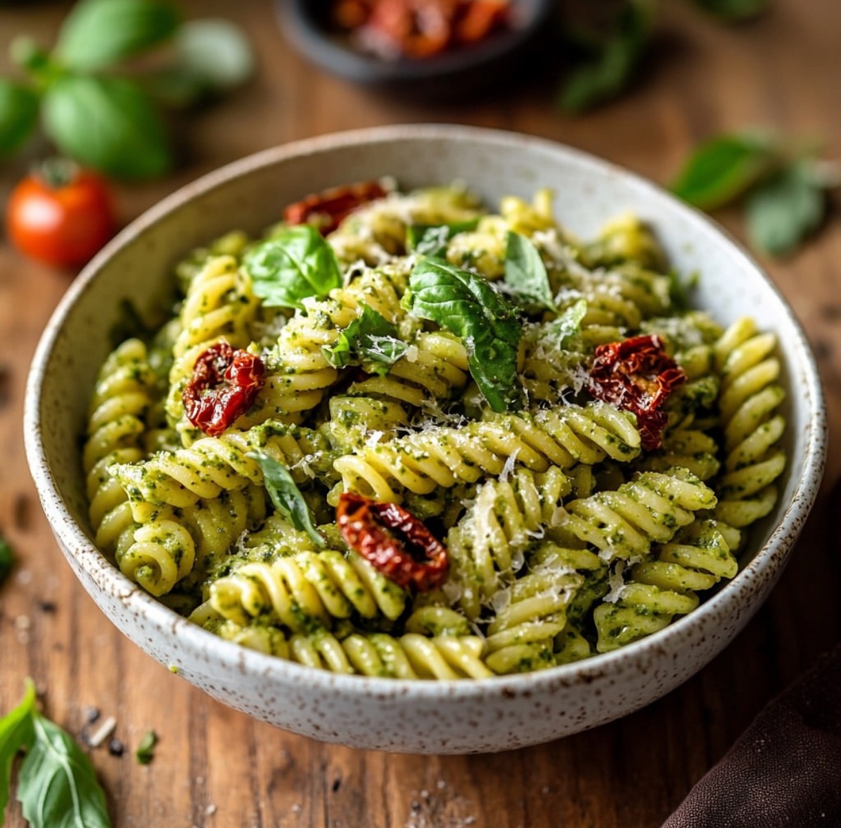 Pea Pesto Pasta with Sun-Dried Tomatoes and Arugula