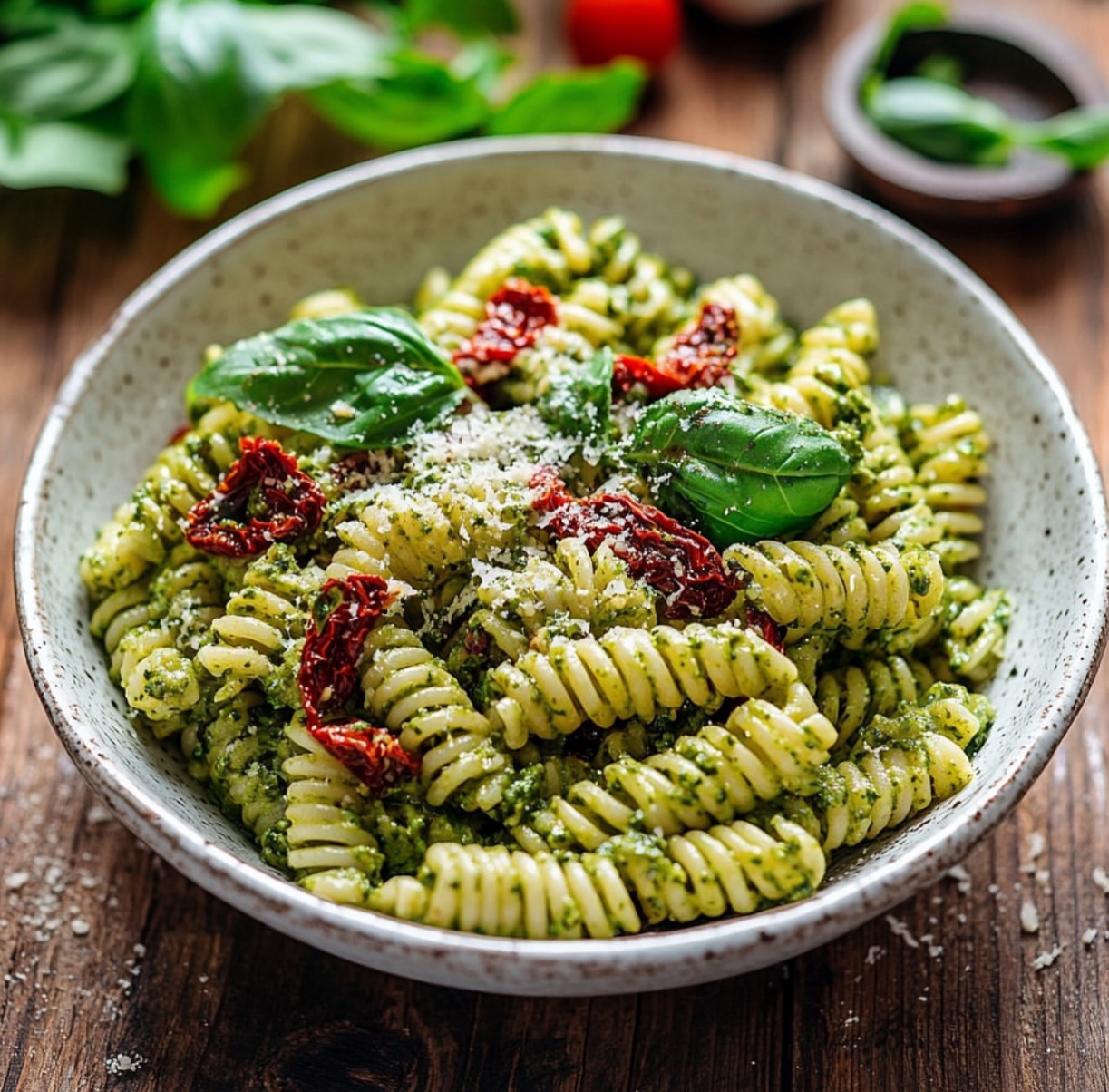 Pea Pesto Pasta with Sun-Dried Tomatoes and Arugula