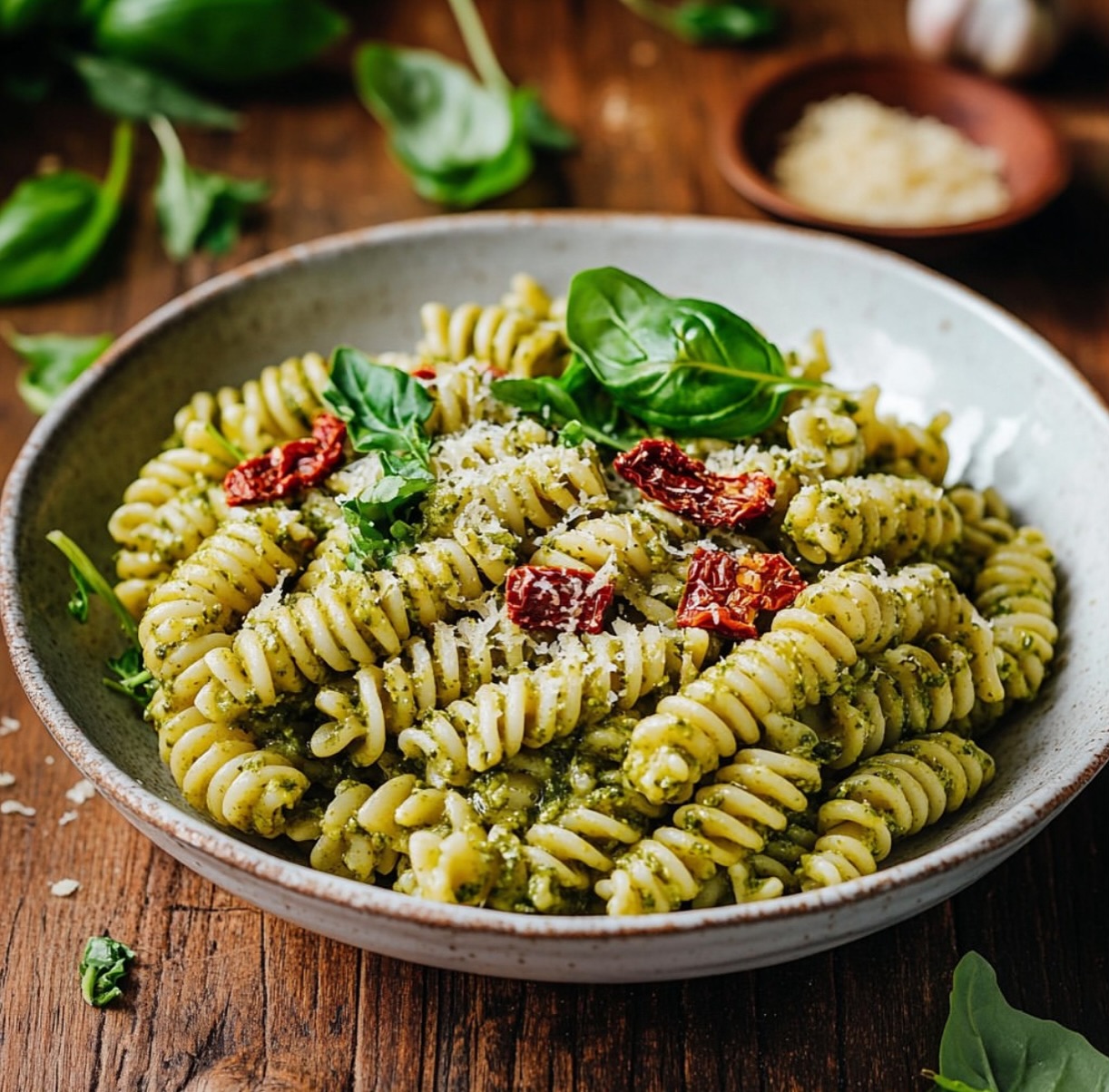 Pea Pesto Pasta with Sun-Dried Tomatoes and Arugula