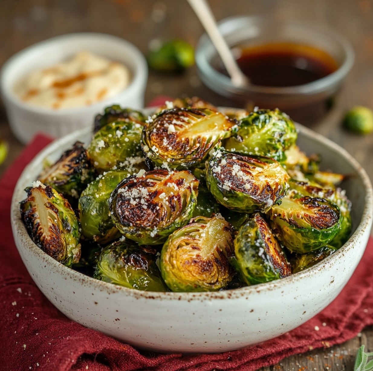 Crispy Garlic Brussels Sprouts with Sriracha Aioli