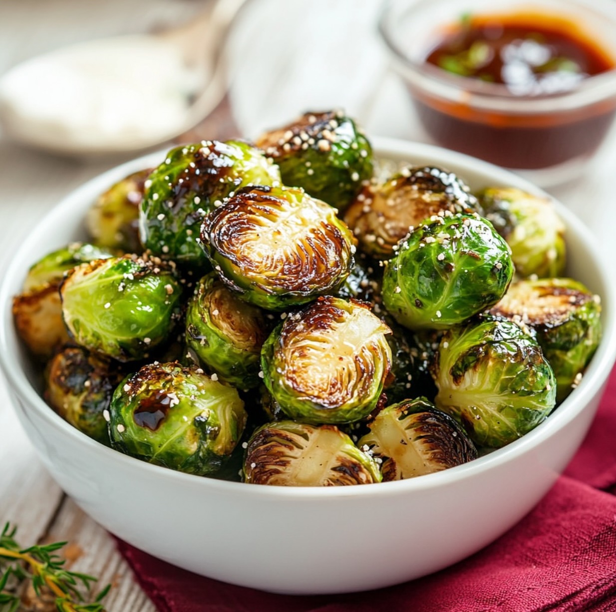 Crispy Garlic Brussels Sprouts with Sriracha Aioli