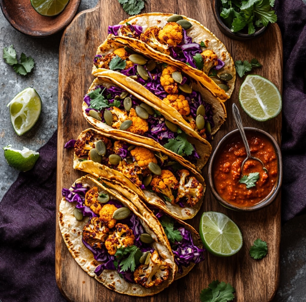Roasted Cauliflower Tacos with Chipotle Romesco