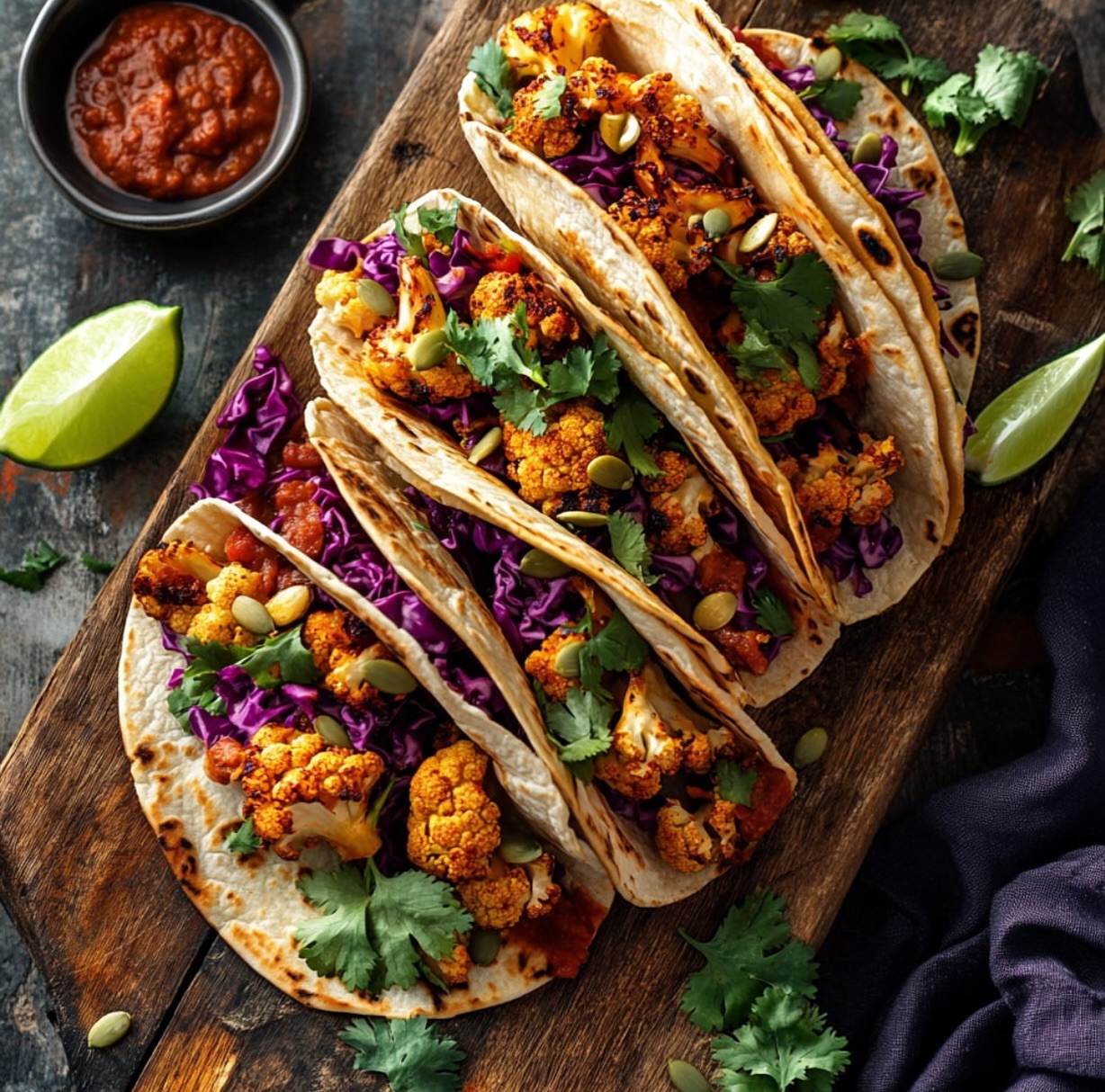 Roasted Cauliflower Tacos with Chipotle Romesco