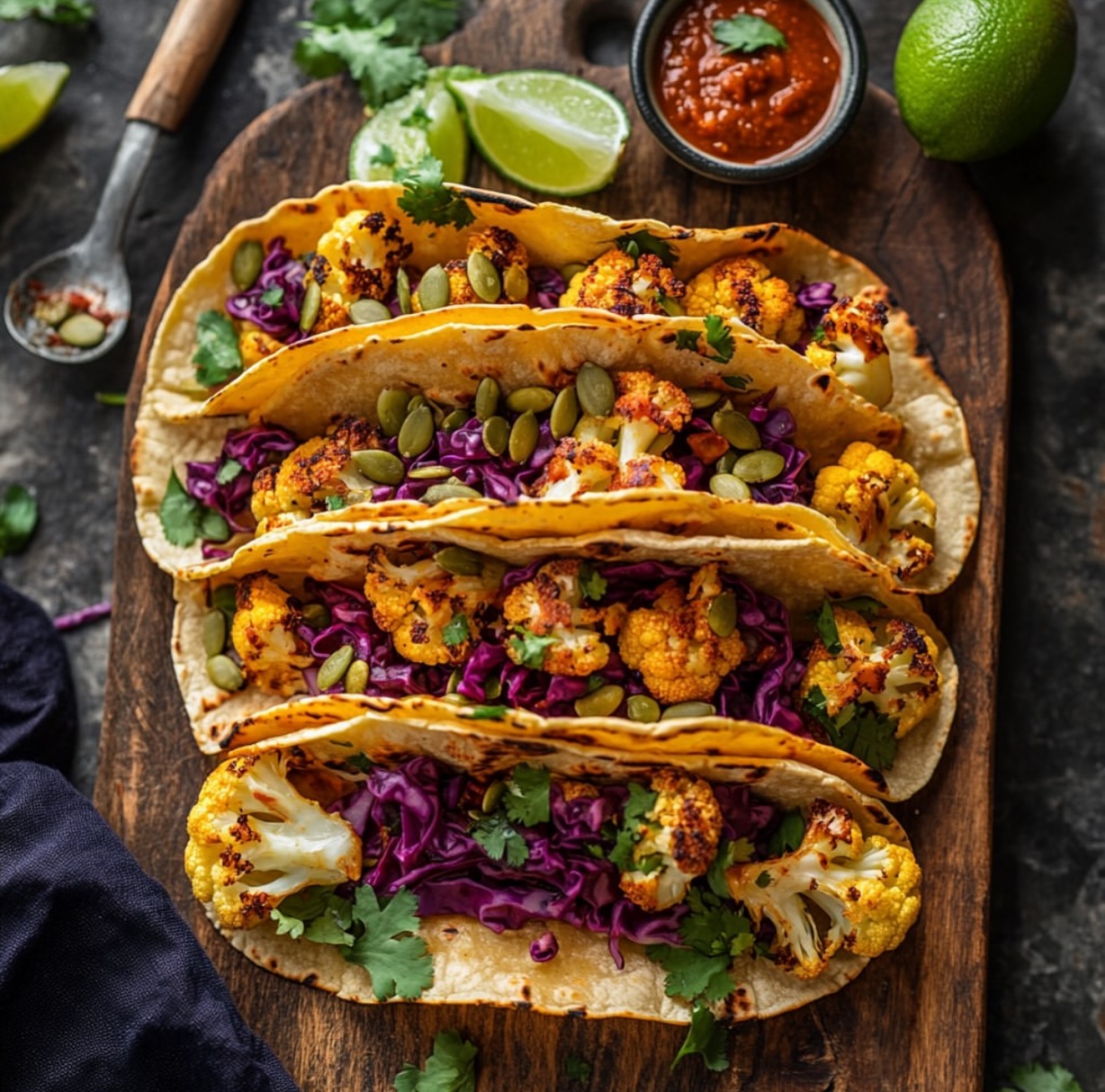 Roasted Cauliflower Tacos with Chipotle Romesco