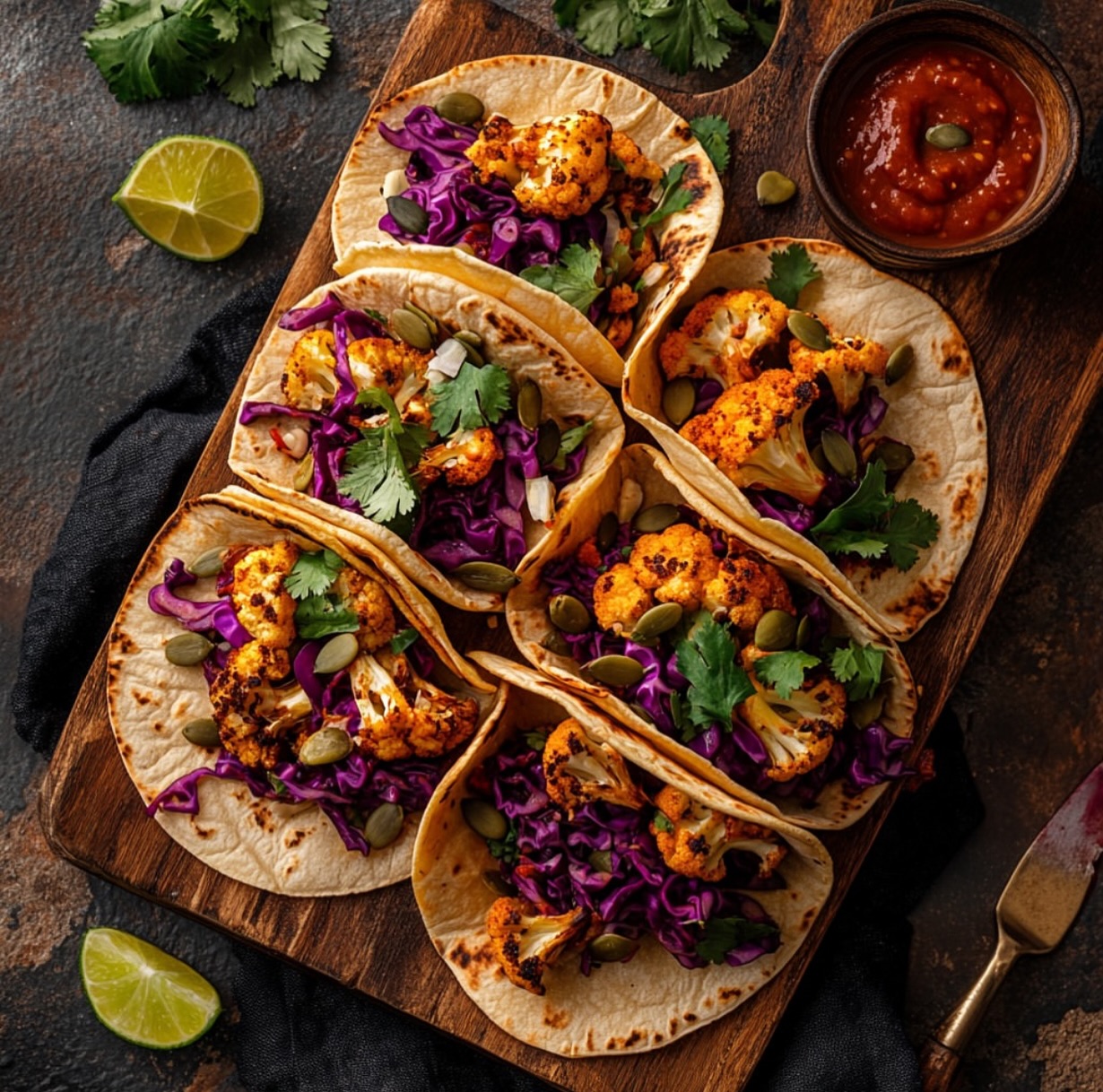 Roasted Cauliflower Tacos with Chipotle Romesco