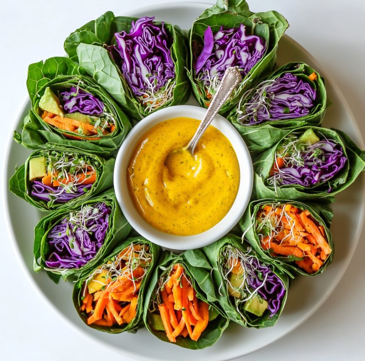 Collard Green Wraps with Green Curry Tahini Sauce