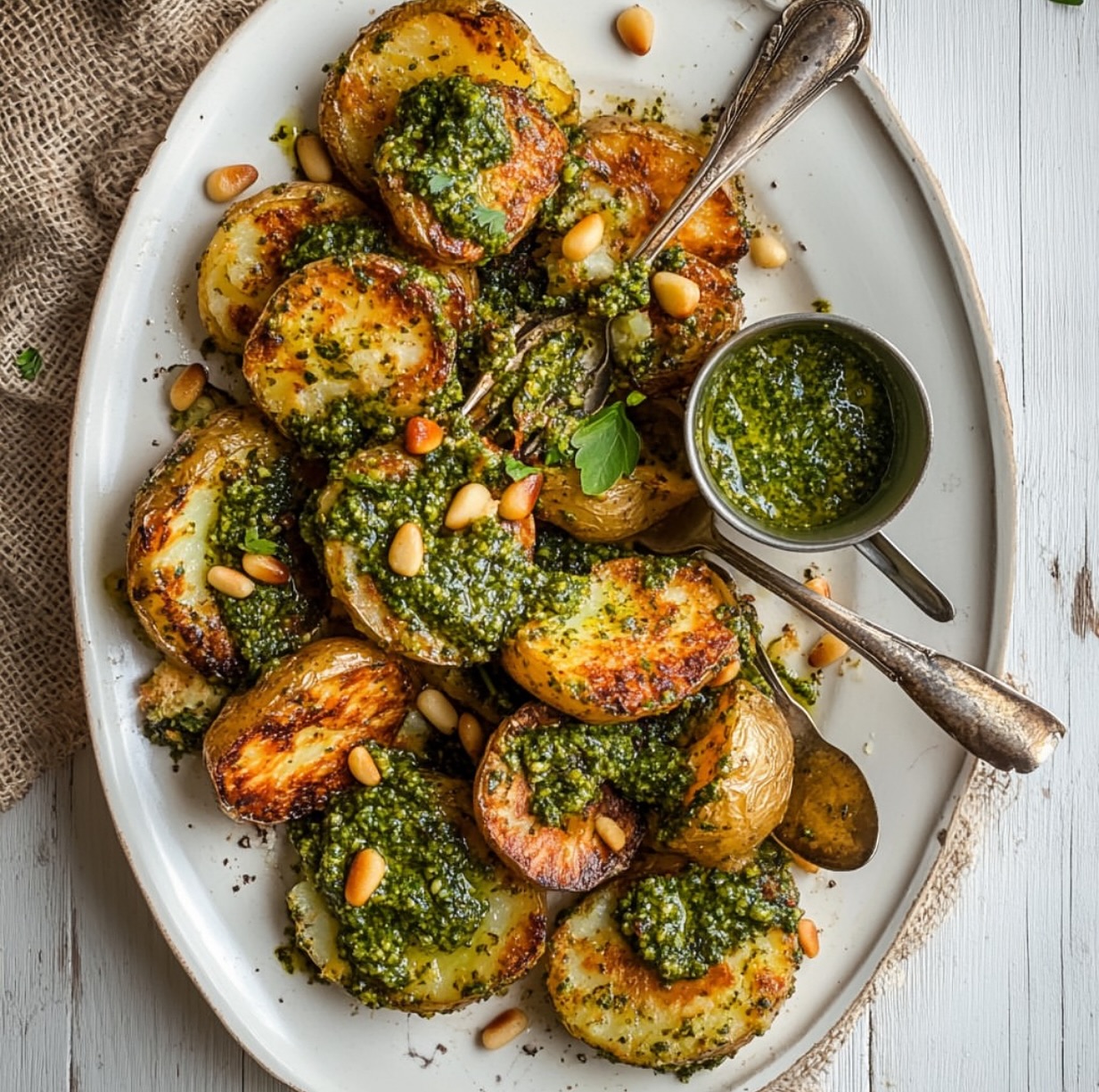 Crispy Smashed Potatoes with Garlic Pesto