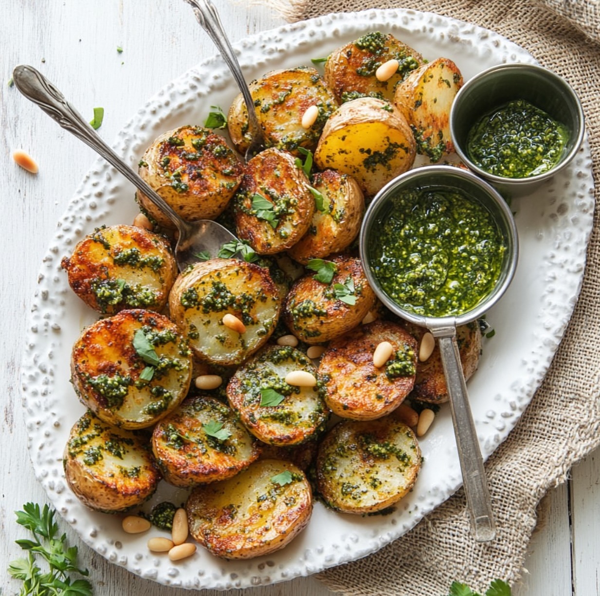 Crispy Smashed Potatoes with Garlic Pesto