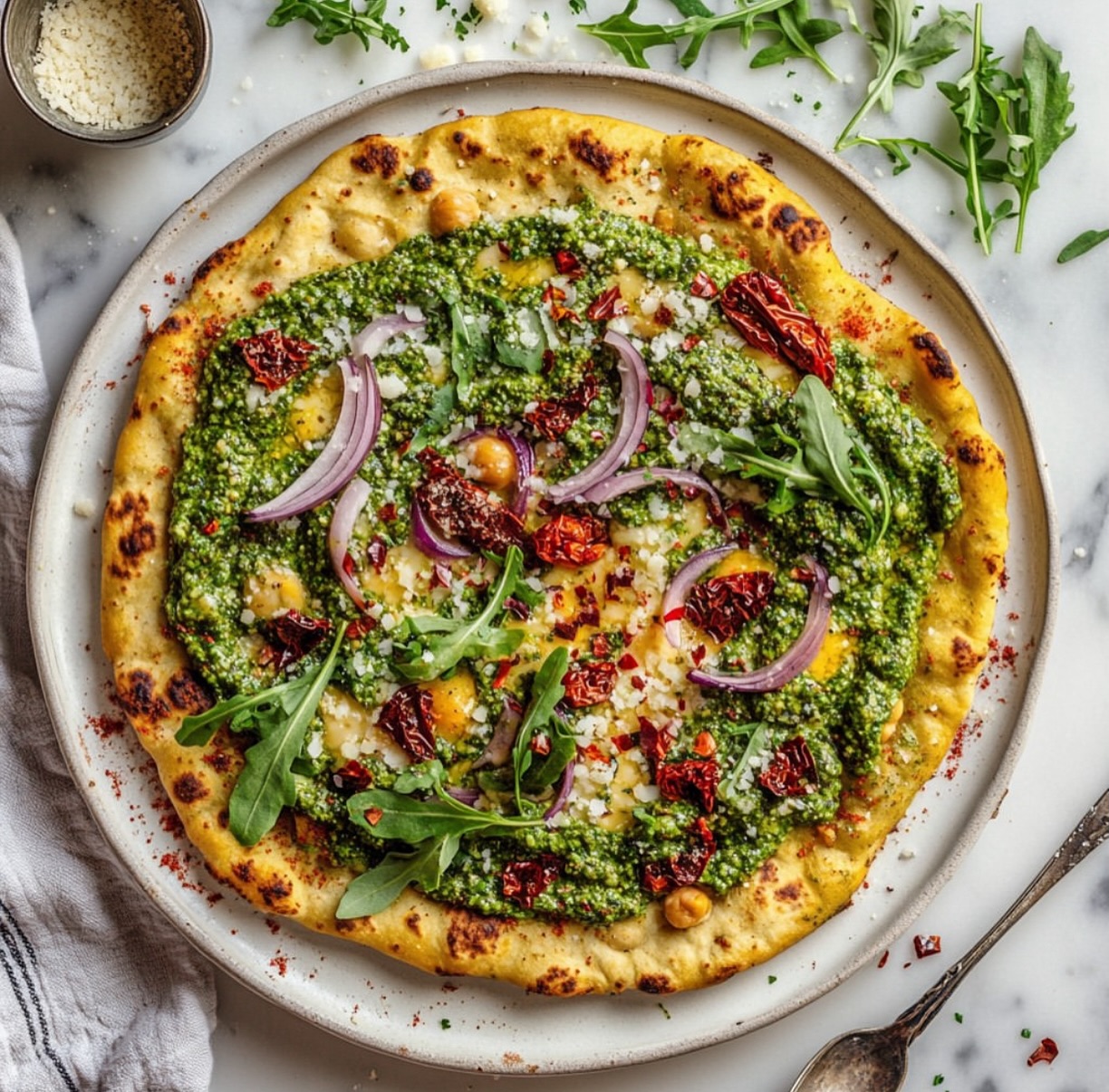 Vegan Socca Pizza with Sun-Dried Tomatoes and Pesto