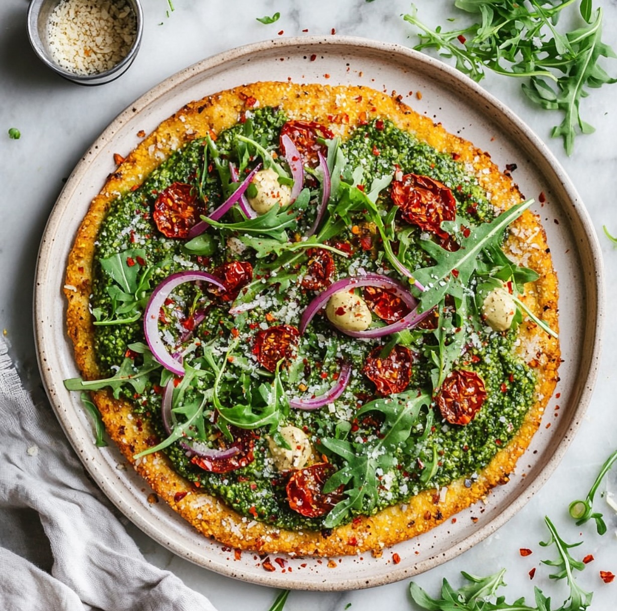 Vegan Socca Pizza with Sun-Dried Tomatoes and Pesto