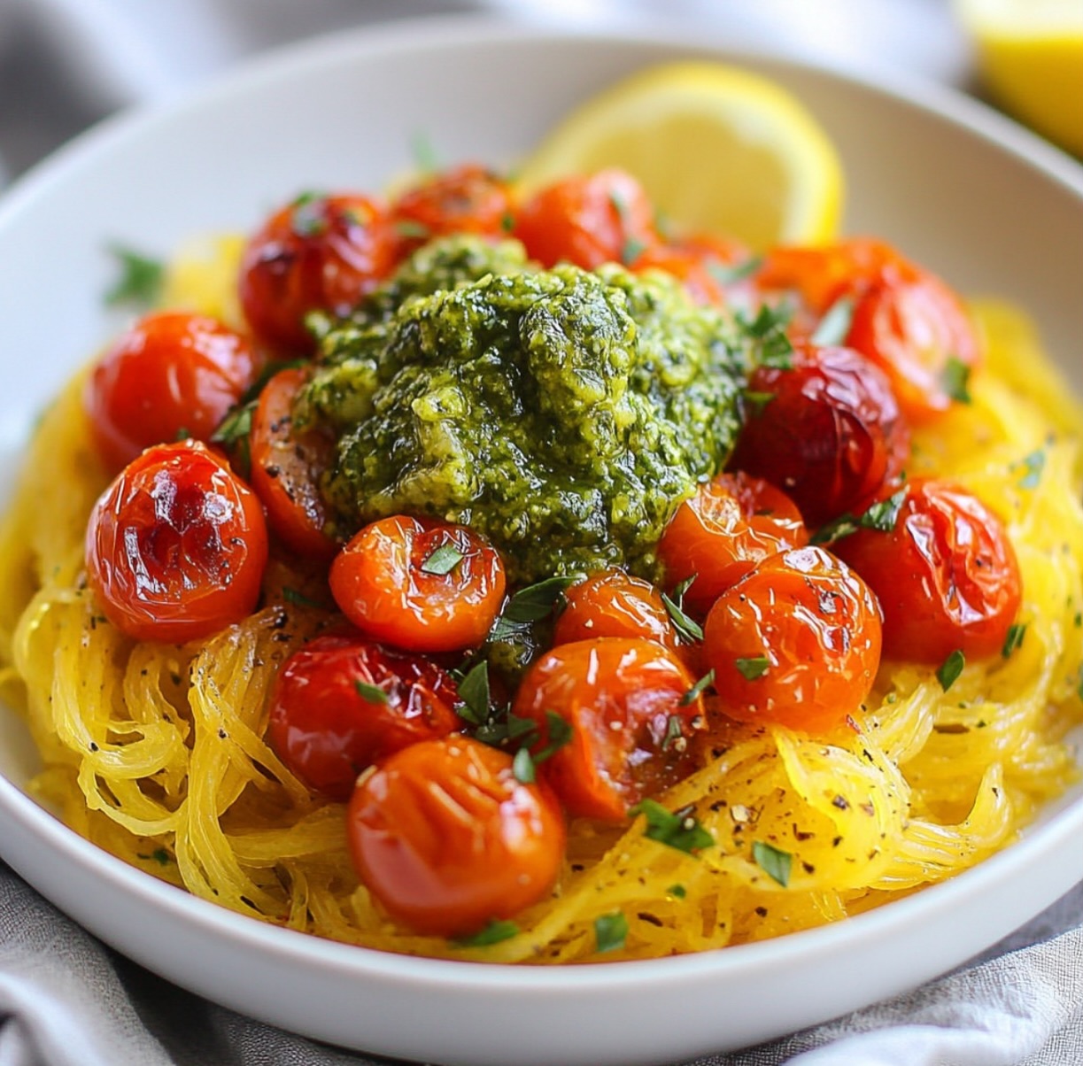 Pesto Spaghetti Squash with Roasted Tomatoes