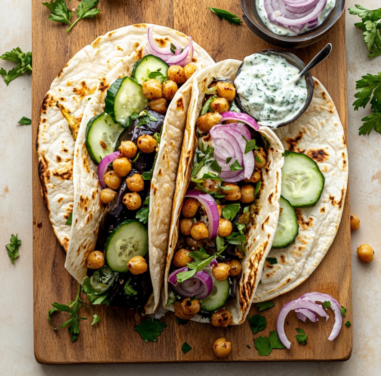 Roasted Eggplant and Chickpea Gyros