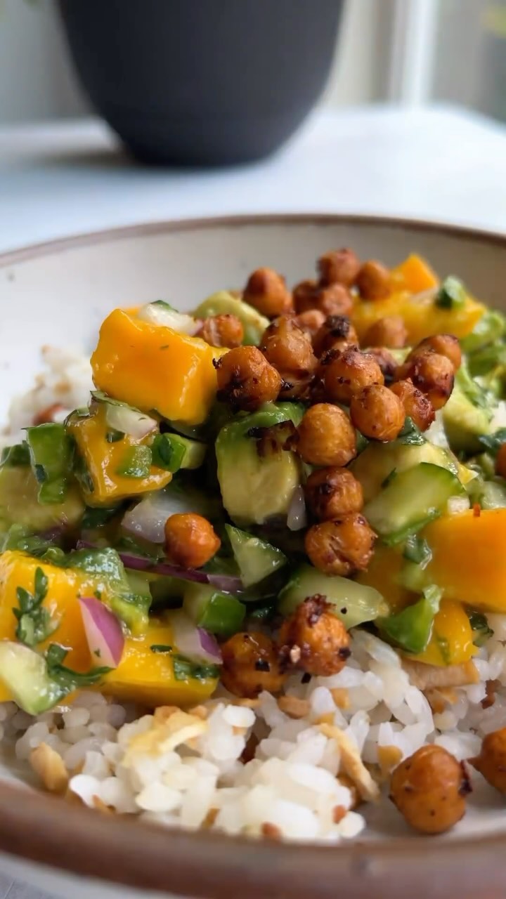 Protein Rice Bowl with Crispy Chickpeas and Mango Avocado Salad
