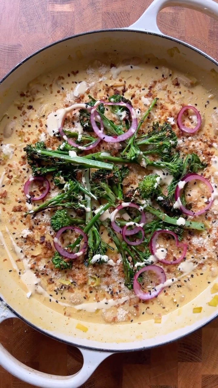 Cheesy Leeks and Beans with Garlicky Breadcrumbs and Pickled Onions