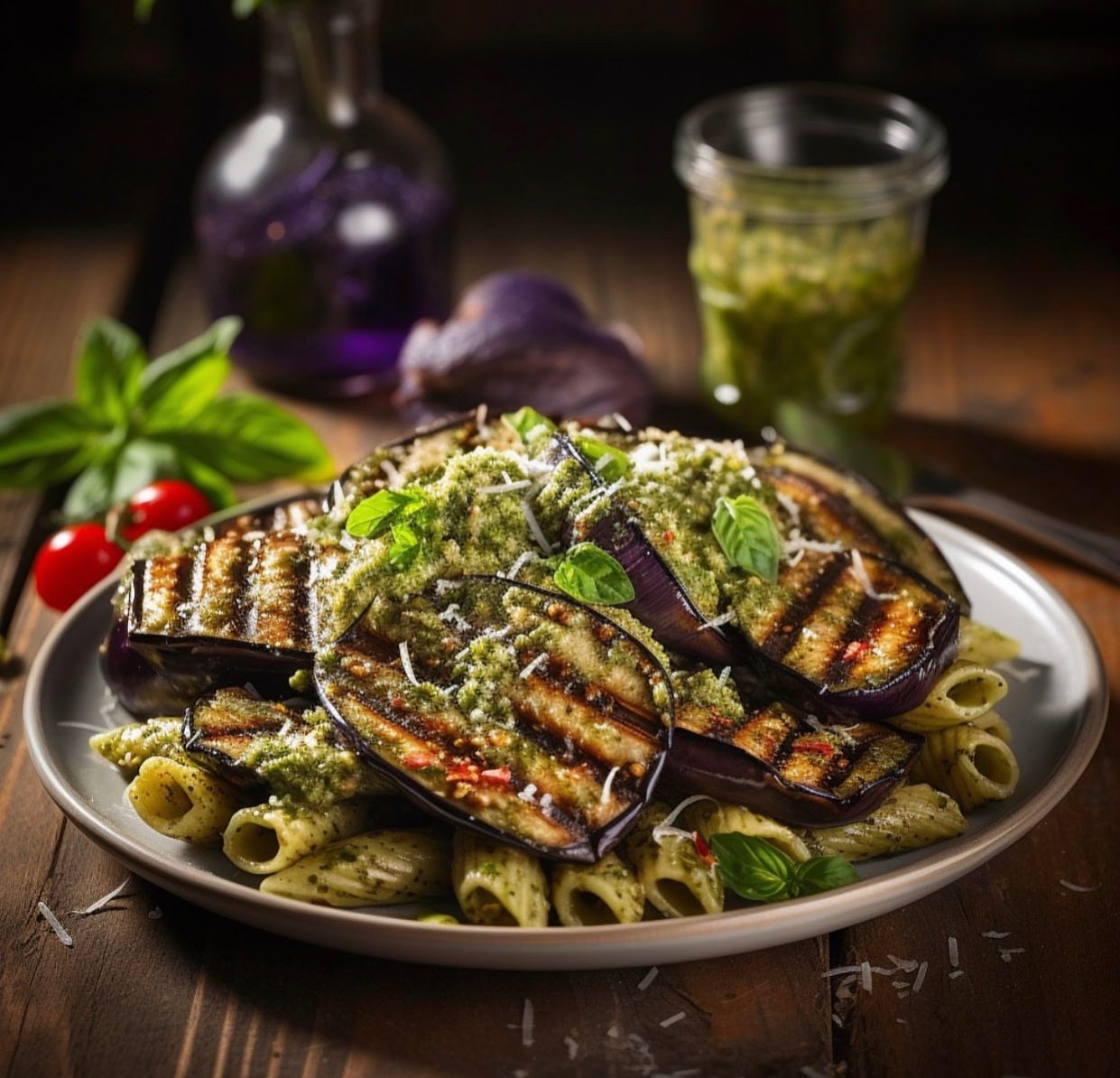 Grilled Aubergine and Pesto Pasta