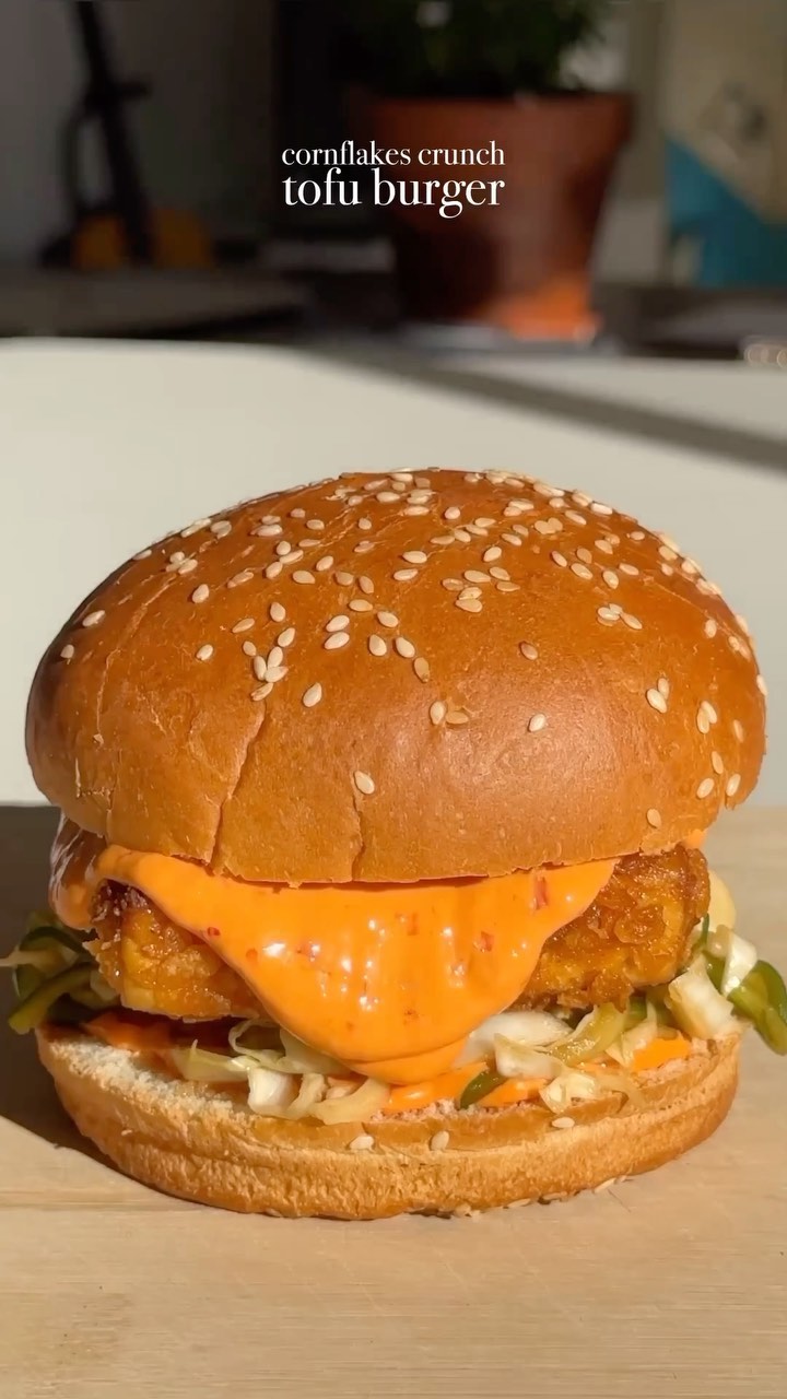 Crispy Tofu Burger with Slaw and Harissa Mayo