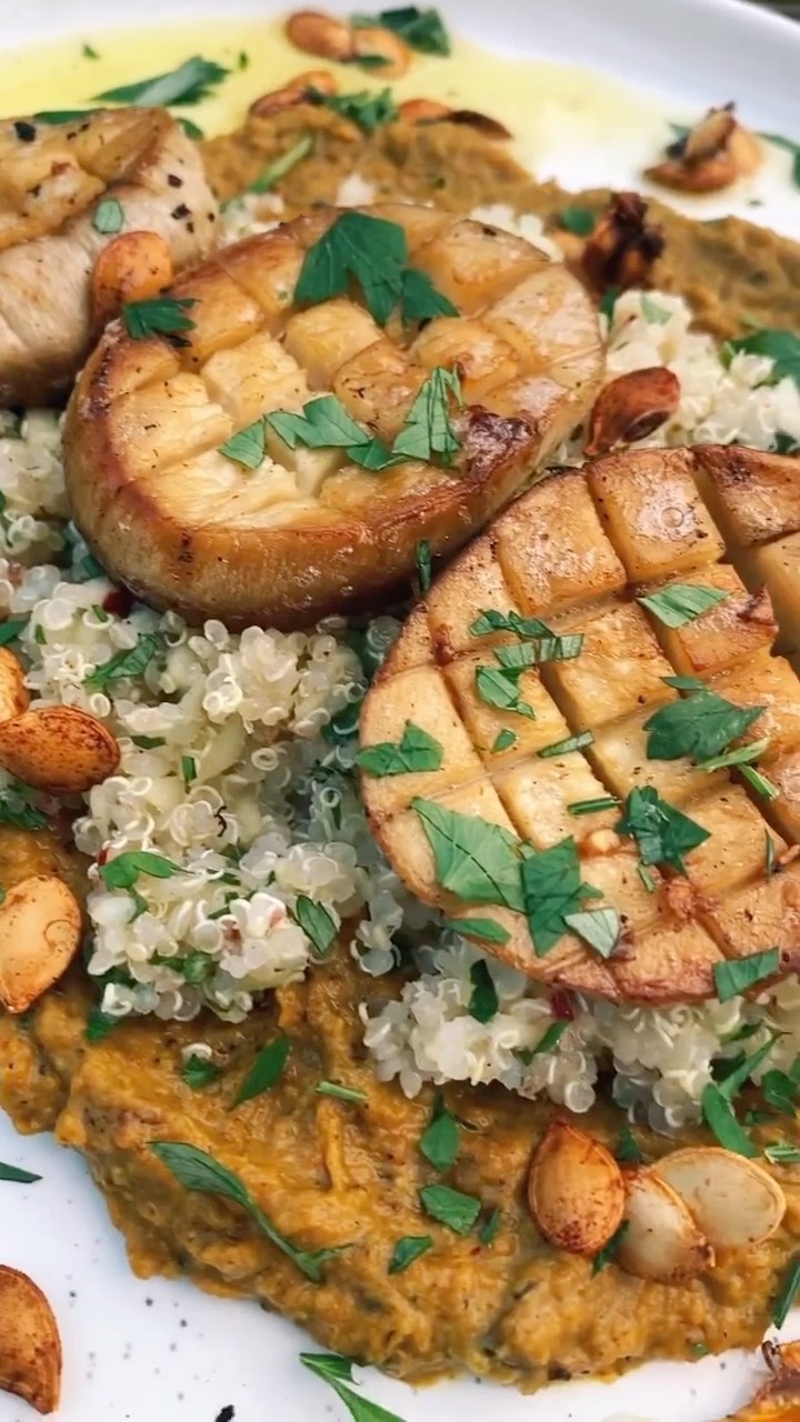 Mushroom Scallops with Roasted Pumpkin Puree and Apple Quinoa