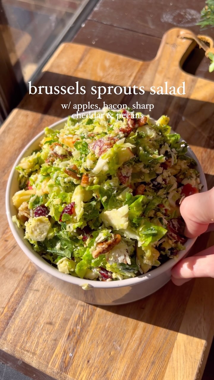 Brussels Sprout Salad with Bacon, Pecans, Apples, and Cranberries