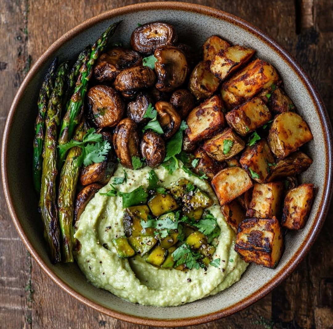 Vegan Bowl with Charred Asparagus and Glazed Mushrooms