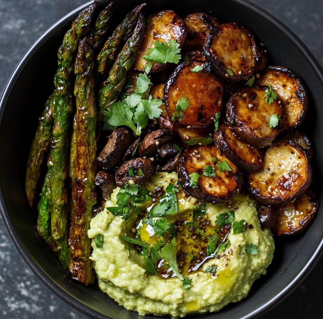 Vegan Bowl with Charred Asparagus and Glazed Mushrooms
