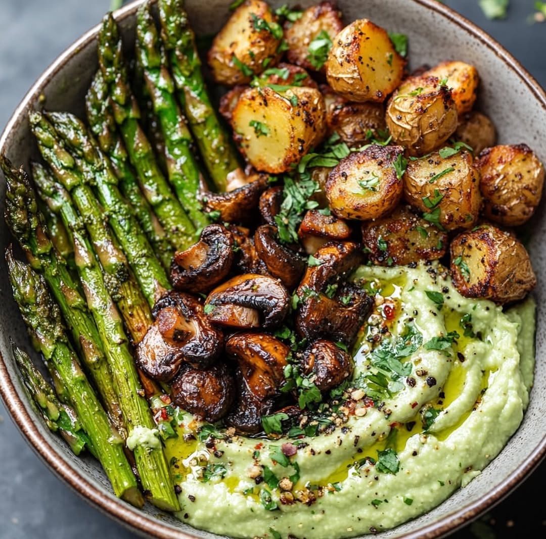 Vegan Bowl with Charred Asparagus and Glazed Mushrooms
