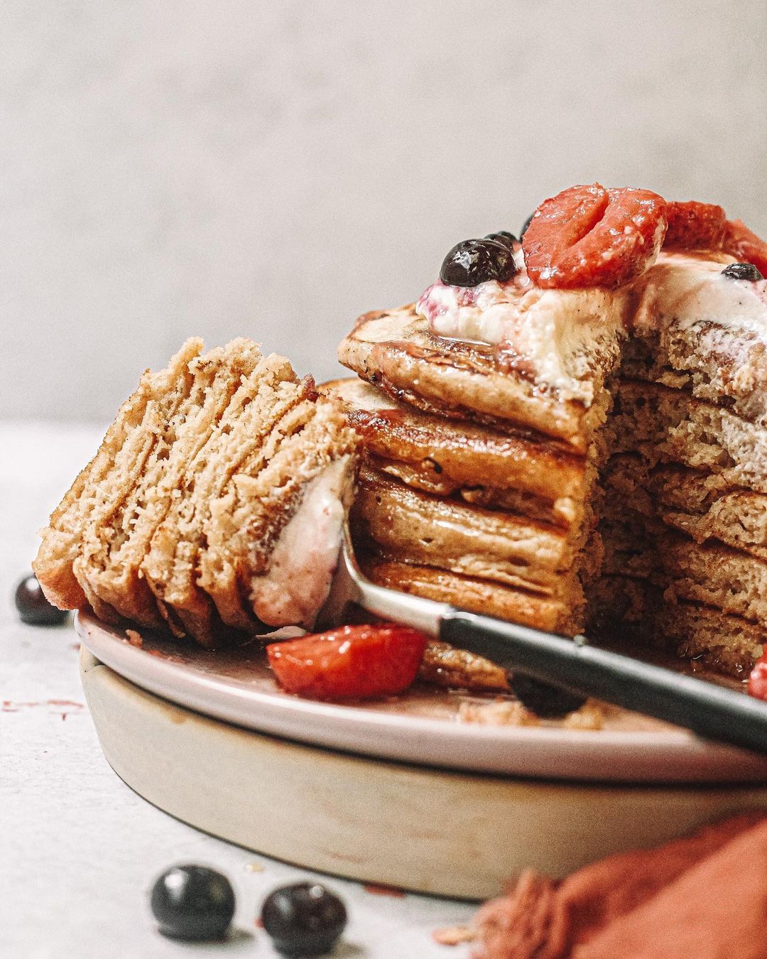Fluffy Vegan Pancakes with Miso Maple Roasted Strawberries