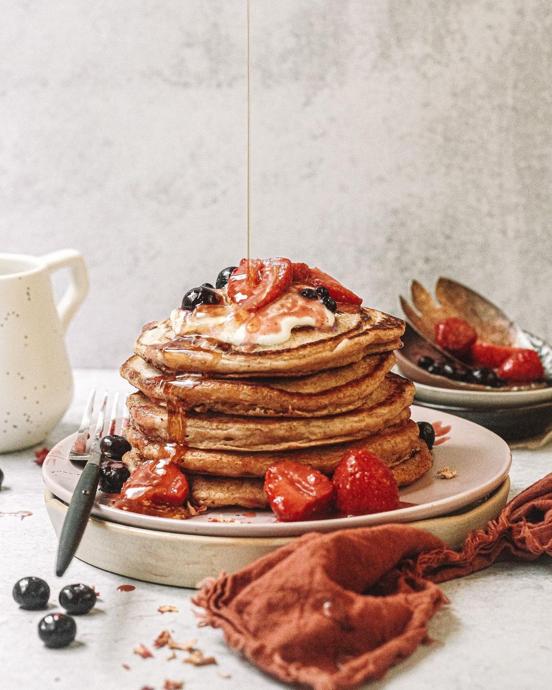 Fluffy Vegan Pancakes with Miso Maple Roasted Strawberries
