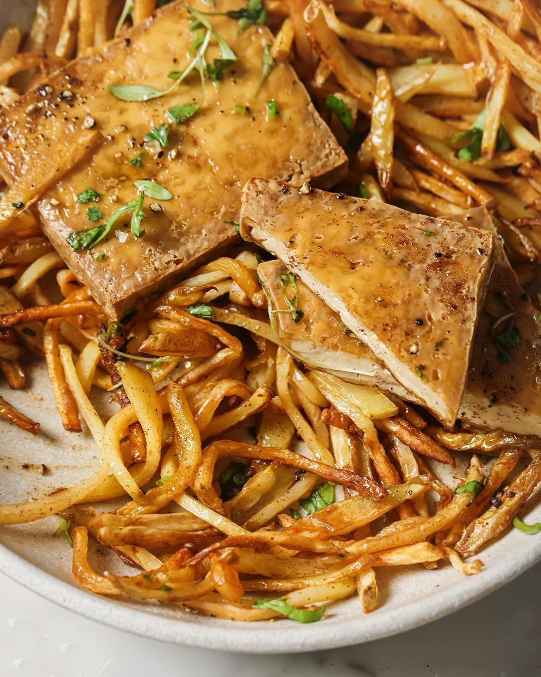 Vegan Tofu Steak with Chips and Brown Butter