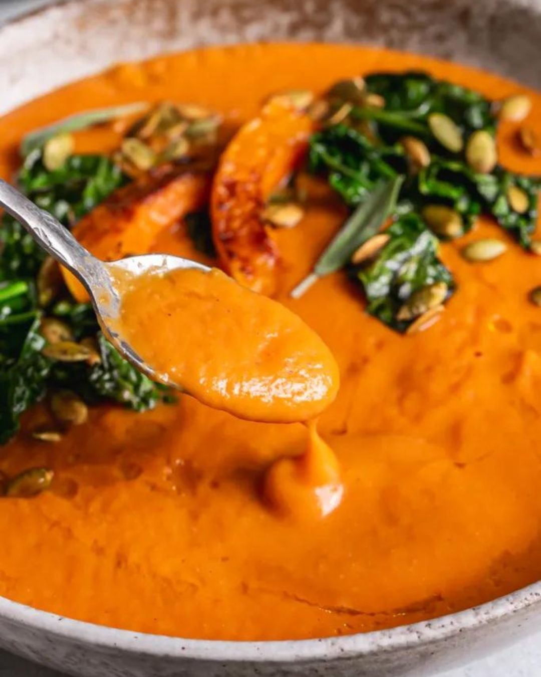 Roasted Butternut Squash Tomato Soup with Crispy Kale