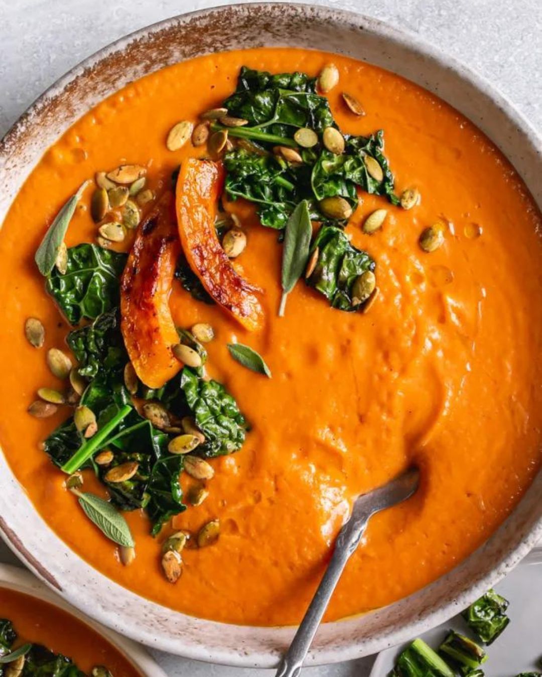 Roasted Butternut Squash Tomato Soup with Crispy Kale
