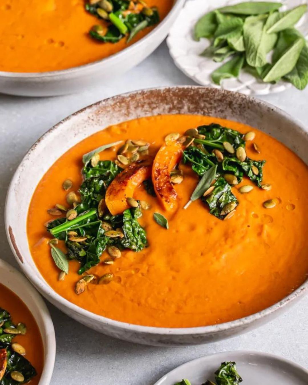 Roasted Butternut Squash Tomato Soup with Crispy Kale